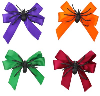 WHGHG Halloween Spider Hair Clips Set - 4 Gothic Bow Barrettes in Orange, Red, Green & Purple, Scary Hair Accessories for Women and Kids