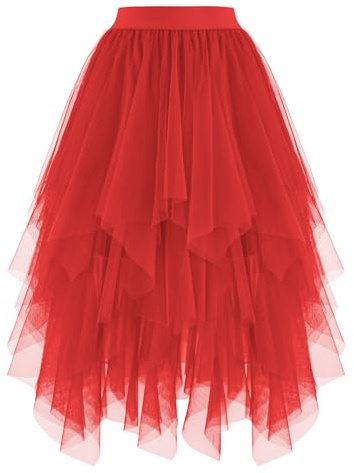 Ellames Women's Tulle Skirts High Low Layered Puffy Fairy Skirts Midi Length Irregular Tutu Skirt Red Large