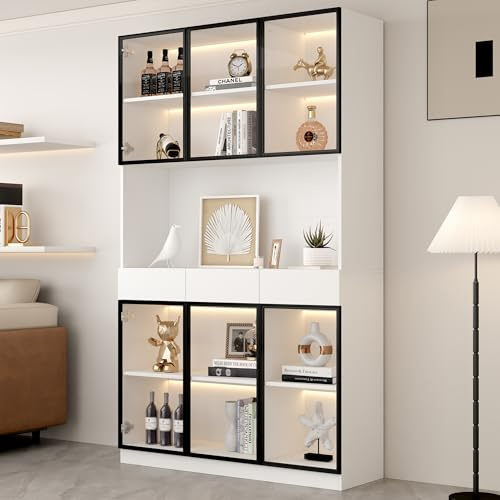 Merax Vitrinenschrank 200cm, Modern LED Glasvitrine Bücherschrank, Hochschrank Standvitrine mit Glasschrank Tür, Highboard Sammlervitrine mit 6 Türen 3 Schubladen, für Wohnzimmer Esszimmer Büro, Weiß