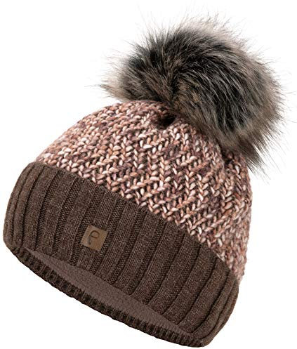 Faera Wintermütze Mütze Damen gefüttert mit Kunstfell Bommelmütze Bommel Fleecefutter Winter Strickmütze Beanie Mädchen, Farbe:Braun