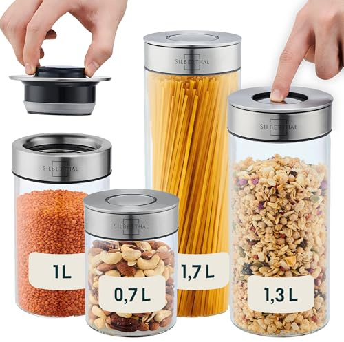 SILBERTHAL Botes cocina almacenaje - Hermeticos y antipolillas de vidrio y acero inoxidable - 1700ml 1300ml 1000m y 700ml - Tarros despensa