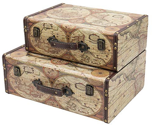 HMF VKO104 Valigia in Legno Vintage | Set di 2 | Dimensioni diversi | a Colori Mappa del Mondo