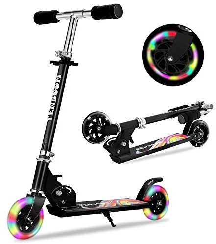 TENBOOM Scooter Toys for Kids Ages 6-12/3-5, Max Load 220 LBS, Foldable Lightweight Kick Scooter with Light Up Wheels, Kickstand, 3 Adjustable Levels, Rear Brake, Black