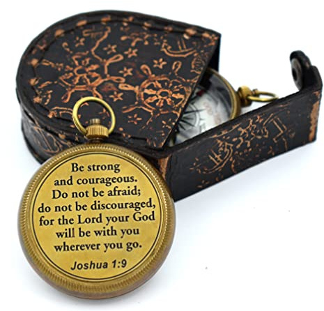 Be Strong and Courageous (Joshua 1:9) Brass Compass with wooden Box-Engraved Scripture Prayer Compass Religious Gift for Men & Women - Baptism, Confirmation, Communion Compass for Boys Graduation Gift