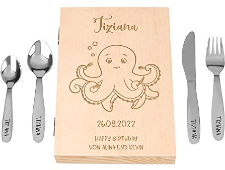 Kekskrone Kinderbesteck mit Namen - 4-teilig - inkl. Geschenkbox aus Holz - Kinderbesteck mit Gravur - personalisierte Geschenke Baby - Geschenke zur Geburt & Taufe