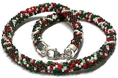 Halskette 925 Silber Schließe Handarbeit Unikatschmuck Glasperlen gehäkelt Häkelkette rot weiß grün 42cm