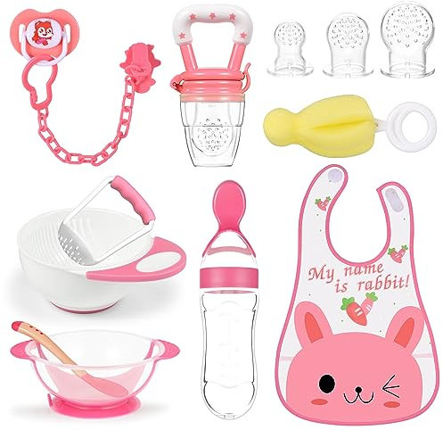 Bimirth Baby Fütterungsset, 12 Stücke, kindergeschirr Set mit Schnullern, Fruchtsauger, Babynapf mit Saugnapf, Babylöffel, Babynahrungs-Spenderlöffel, Lätzchen Baby, Mahlschüssel für Kinder