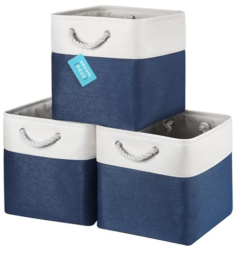 OrganiHaus Aufbewahrungsbox 30x30cm 3er-Set, Würfelkörbe aus Stoff mit Seilgriffen, Faltbare Aufbewahrungswürfel für Kallax Organizer, Ablagekörbe für das Kinderzimmer Navy blau