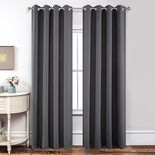 Joydeco Blackout Curtains for Bedroom 66 x 90 Inch, Eyelet Thermal Insulated Energy-saving Drapes for Room Darkening Light Filtering, Long Window Treatments 90 Inch Drop, 2 Panels - Dark Grey