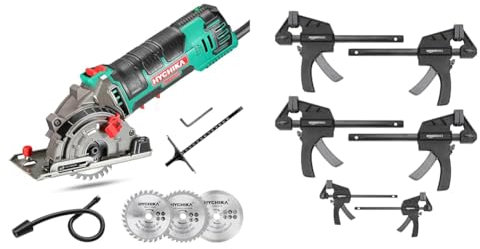 HYCHIKA 500W Mini Scie Circulaire, 4500RPM, Profondeur de coupe: 0-25mm, Moteur en Cuivre Pur & Amazon Basics Serre-joints une main Lot de 6-2 pièces 10,16 cm, 4 pièces 15,24 cm, Noir/Gris
