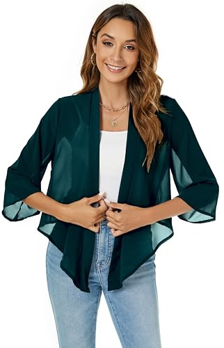 Famrrifuu Women's Shrugs Summer Bolero Chiffon 3/4 Sleeves Open Front Loose Elegant Evening Cover up Lightweight Sheer Cropped Cardigan, Green, L