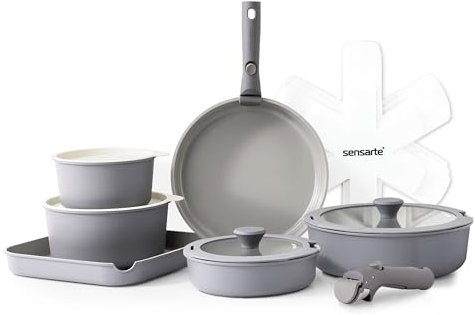 SENSARTE 17 Pièces Lot Poele et Casserole Induction, Revêtement Céramique Antiadhésif, Batterie de Cuisine avec Couvercle, Poignées Amovibles,Empilable, Compatible Lave-vaisselle