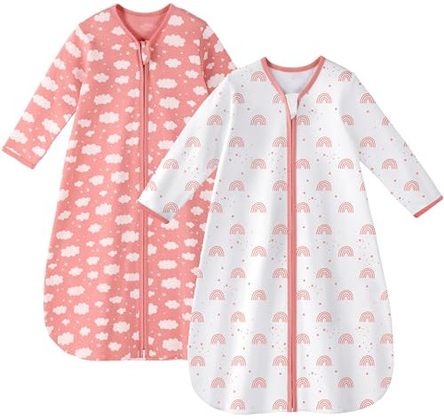 Unnivoll 2er Pack Baby Schlafsack Sommer mit Ärmel 0.5 Tog Sommerschlafsack 100% Baumwolle Babyschlafsack 18-24 monate 90 cm für Jungen Mädchen Neugeborene Weißer Rosa Regenbogen