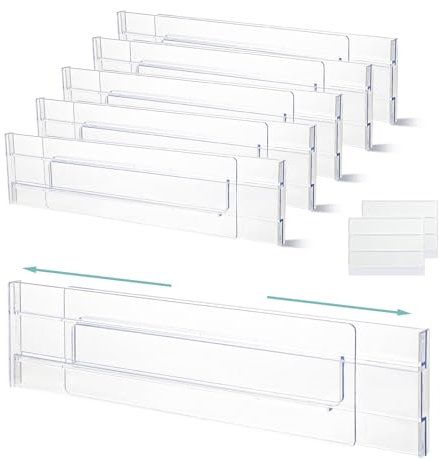 Flearitzo 6 Pezzi Divisori per Cassetti Regolabili Cassetti in Plastica Trasparente Separatori Divisori per Cassetti per Comò Armadio Cucina Camera da Letto Misura 27,5-52cm