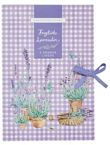 Heathcote & Ivory Scented Drawer Liners, 5 Sheets in Display Tray, Lavender Fragrance, For Cupboards and Wardrobes, Housewarming Beauty Gift, Cruelty and Vegan Friendly