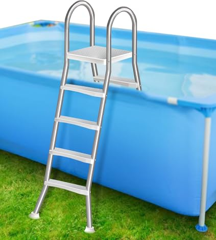 Escalera para Piscinas Elevadas, Escalera de Entrada/Salida para Piscinas Elevadas con Estructura de Acero para Piscinas de Pared Alta 150 cm, Peldaños Extraíbles de Doble Cara