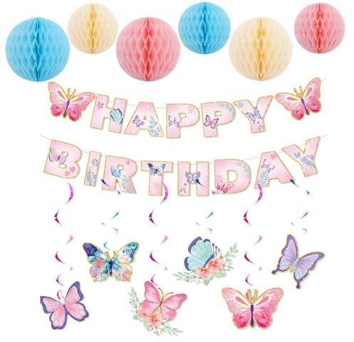 XFSRG 5 Pezzi Striscione Buon Compleanno Set Decorazioni Festa Farfalle Sfere Nido Ape Ghirlande Pendenti Decorativi Allestimento Compleanno