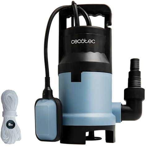 Cecotec Bomba de Aguas Sucias Axike 1100 Dark. 1100W, Caudal hasta 16000L/h, Altura Máx 8,5m, Profundidad 7m, Partículas hasta 25mm, Interruptor Flotante, IPX8, Cable 10m y Cuerda de Nylon 8m