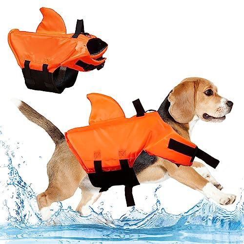 Gilet de Sauvetage Chien, dellyy Piscine Chien Bouee, Gilet Flottaison Requin, pour Le Surf, la Natation et la Marche, la Randonnée, Le Camping, Le Maintien au Chaud (Orange, S)