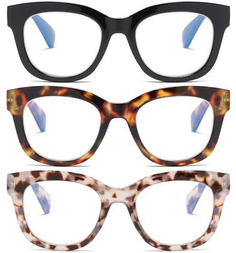 ZXYOO Occhiali da Lettura Donna–Set di 3 Montature Oversize Fashion con Cerniere a Molla e Lenti Anti-Luce Blu Non Riflettenti–Stile Elegante per Uso Quotidiano, Ufficio o Tempo Libero+2.00