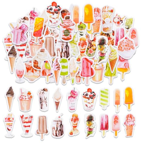 50PCS MIni Ice Cream Stickers, Cute Summer Dessert Washi Decorative Stickers, Pre-Cut Die-Cut Popsicle Sundae Stickers for Junk Journal, Scrapbook, Planner, Laptop & Water Bottle DIY Decor (Style-3)