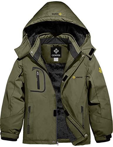 GEMYSE Chaqueta de Esquí para Niño con Capucha Abrigo Impermeablede de Nieve Invierno Cazadora Antiviento de Forro Cálido(Verde Militar,140-146)