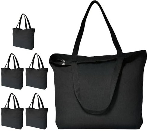 Koolmox Black Canvas Tote Bag with Zipper, 6-Pack 17x14x3.9'' 12Oz Thick Canvas Bag with Handles and Flat Bottom, Women Men Grocery Shopping Bags Cotton Totes Sublimation Totes to Customize