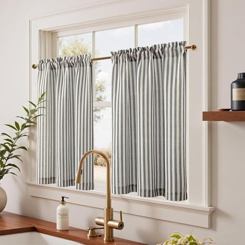 TOPICK Cortina de Cocina con Rayas con Bolsillo para Varilla Opaca Lino Aptas para Cocina Comedor Baño y Pequeñas Ventanas Negro sobre Beige Juego de 2 Unidades 65 x 90 cm