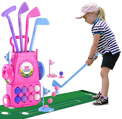 QDRAGON Golf Spielzeug Set für Kinder, Mini Golfkoffer mit 4 Golfschläger und 8 Bällen Mini Golf Spielset Kinderspiele Geschenk für Kinder, Mädchen 3 4 5 6 Jahren Rosa