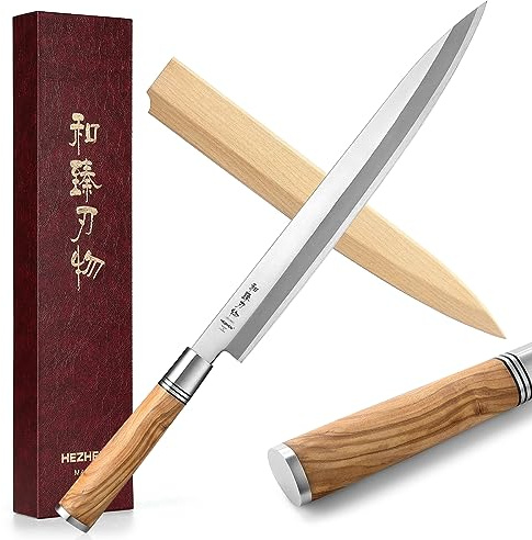 HEZHEN 300mm Sashimi Knife,Forged Steel Sushi Yanagiba Knife, Sushi Slicing, Wooden Handle Knife Case