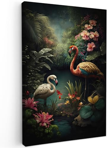 MuchoWow© Leinwand Bilder Groß 80x120 cm XXL Wanddeko Wohnzimmer Aesthetic Room Decor Deko Zimmer Wandbilder Modern Fotogeschenke Flamingo - Blumen - Dschungel - Vögel - Natur