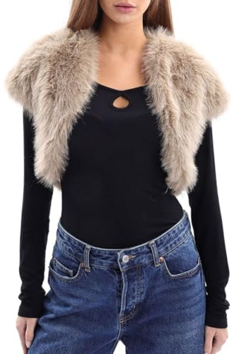 Amazhiyu Women Faux Fur Bolero Shrug Cap Sleeve Crop Cardigan for Evening Dress Khaki, Medium