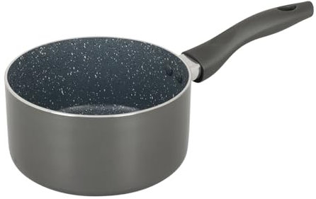 Crealys 539347 Stieltopf, Aluminium, Ø 16 cm, Höhe 8 cm, gesunde Antihaftbeschichtung, aus Keramik, Steinoptik, Farbe: Grau, hitzebeständiger Silikongriff, für alle Herdarten, auch Induktion