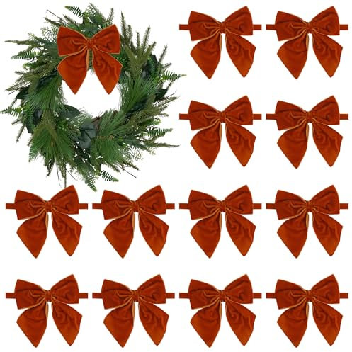 AIMUDI Orange Velvet Bows - 4 Christmas Bows for Gift Wrapping, Tree, Wreath, Garland, Staircase & Home Decorations - 12 PCs