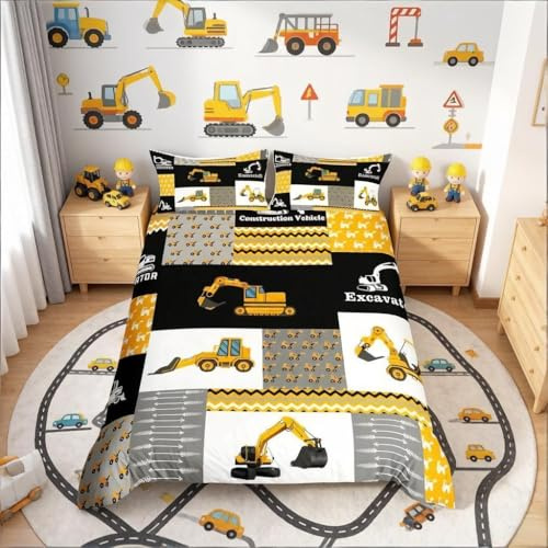 Loussiesd Excavator Bedding Children Construction Vehicles Bedding Set Double Equipment Truck Duvet Cover Set Boys Girls Car Duvet Cover Geometric Lattice Decor Teenagers