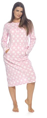 Chemise de nuit d'hiver à manches longues pour femme – Nuisette thermique confortable en polaire avec ouverture à bouton et poches kangourou – Vêtement de nuit élégant et confortable pour femme, rose