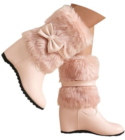 LDXEQIZ Doposci da Donna con Risvolti in Peluche Stivaletti Eleganti con Fiocchi Stivali Corti con Zeppa Autunno Inverno Booties Slip-on in Pelle PU Scarpe da Esterno in Caldo Cotone(Pink,41 EU)
