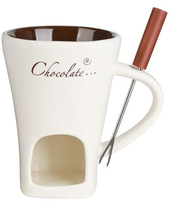 Ceramic Butter Chocolate Fondue Mug - Melting Chocolate Pot with Fork, Cheese Warmer Cup, Light Candle Fondue Melter Set for Melting Hot Chocolate (White)