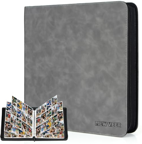 MewVeer Album Cartas, Álbum de Carta Capacidad, Álbum de Tarjetas de Béisbol de Calidad y Duradero con Cremallera, Card Binder para Tarjetas YGO/MTG/TCG (Gris, 12 Bolsillos)