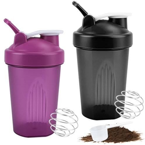Muyohix 2 Pezzi Shaker Proteine, 400ml Shaker Proteico con Sfera in Acciaio, Bottiglia per Shakers Borraccia Protein, Senza BPA e a Prova di Perdite per Frullati Proteici(Viola+Nero)