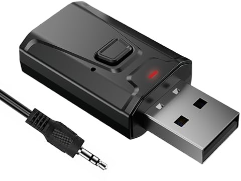 USB Bluetooth 5.0 Adapter 4-in-1 Car Bluetooth Transmitter Receiver with 3.5mm AUX Audio Adapter Wireless Transmitter Receiver Plug and Play for TV Home Audio System Car Headphones Speakers PC