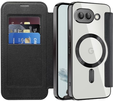 IMEIKONST Étui Magnétique pour Google Pixel 9A Compatible avec MagSafe, [RFID Blocage] Porte Carte Portefeuille Housse à Rabat en Cuir Transparente Antichoc Coque pour Google Pixel 9A. Noir JDCX
