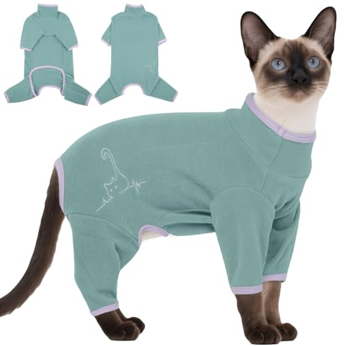 OUOBOB Sphynx Cat Recovery Suit - Soft Anti-Licking & Hair Control Bodysuit for After Surgery | Breathable Kitten Onesie Pyjamas to Protect Wounds, Green, XS