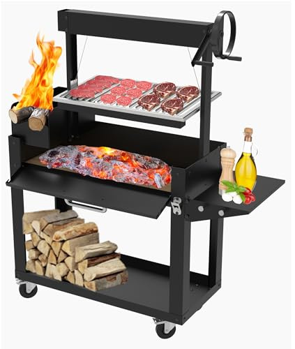 SOLEILUX Barbecue a Legna o Carbone LNG con Griglia Regolabile a Manovella – Struttura Robusta con Mensola Ribaltabile e Portalegna