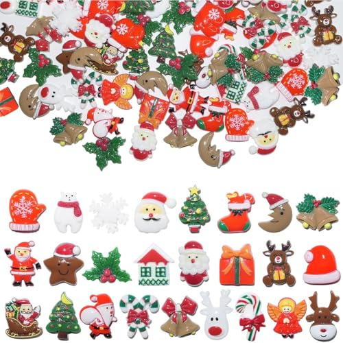 TYXHXTF 100 Pezzi Miniatura Natalizi Resina Ciondoli con Retro Piatto Mini Decorazioni Statuette Albero di Natale Pupazzo di Neve Ornamenti per Fai da Te (Aleatorio)