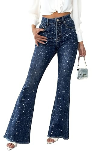 Fakanhui Jeans svasati da donna con strass e perline a campana, luccicanti e luccicanti, per feste e discoteche, Blu, XL