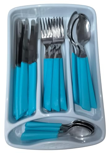 Servizio di Posate completo 24 Pezzi per tavola di 6 persone manico azzurro in Acciaio Inossidabile Lavabili in Lavastoviglie Made in Italy in omaggio il Porta Posate da Cassetto