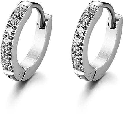 JewelryWe Schmuck Creolen Edelstahl Zirkonia Kreolen Klappcreolen Huggie Ohrringe für Damen Herren 13MM, Silber