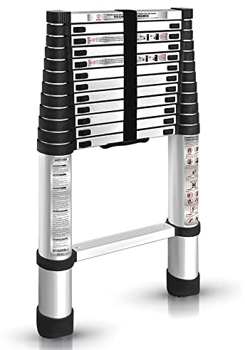findmall 12.5FT / 3.8M Aluminum Telescopic Ladder Folding Step Inward Sliding Retraction Extension Multi-Use Non-Slip Collapsible
