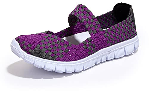 ERLINGO Promenadskor för kvinnor, vävda lätta, elastiska träningsskor, andningsbara, gångmode, sneakers, bekväma slip-on sportskor, Mary Jane platta sneakers, Lila 2, 42 EU